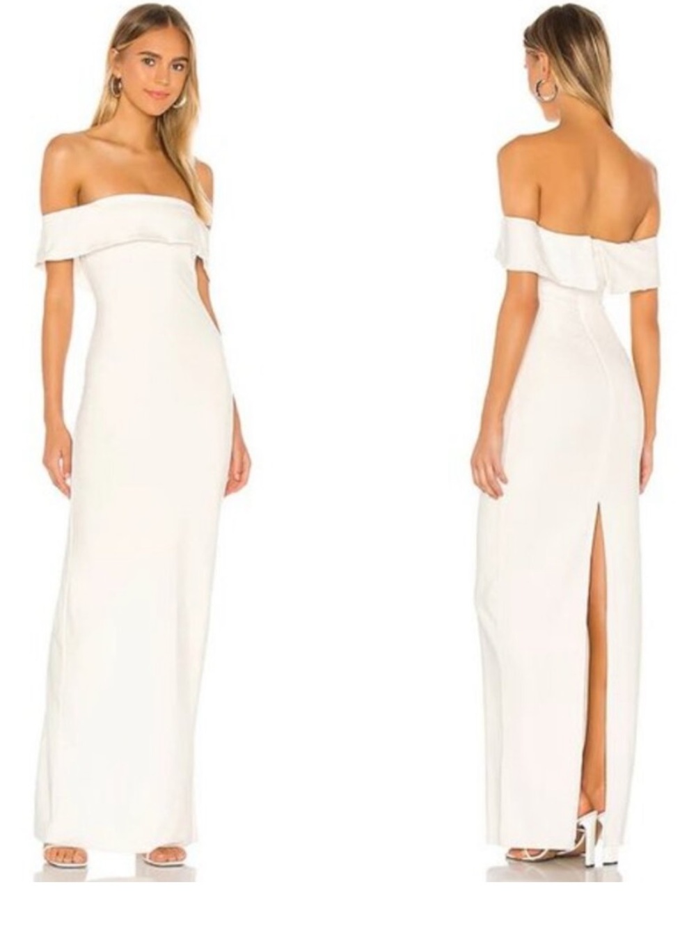 LOVERS FRIENDS GALLERIA GOWN IVORY WHITE OFF SHOULDER MAXI HIGH BACK SLIT XS